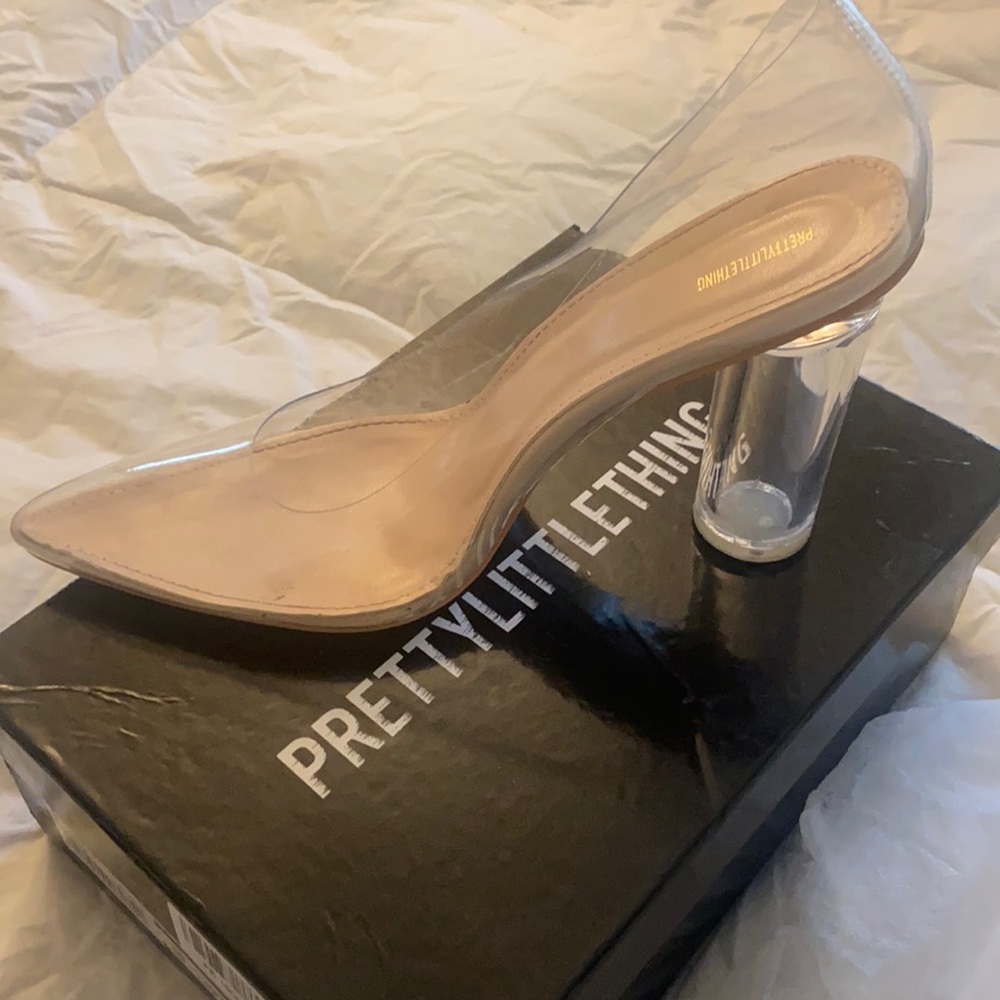 Clear heel pumps.